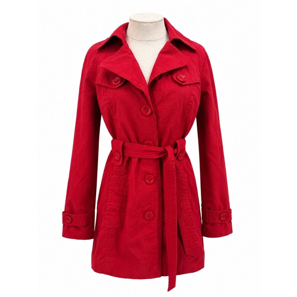 Cynthia Rowley Bright Red Trench Coat Cotton Jacket Chic Belted Colorful